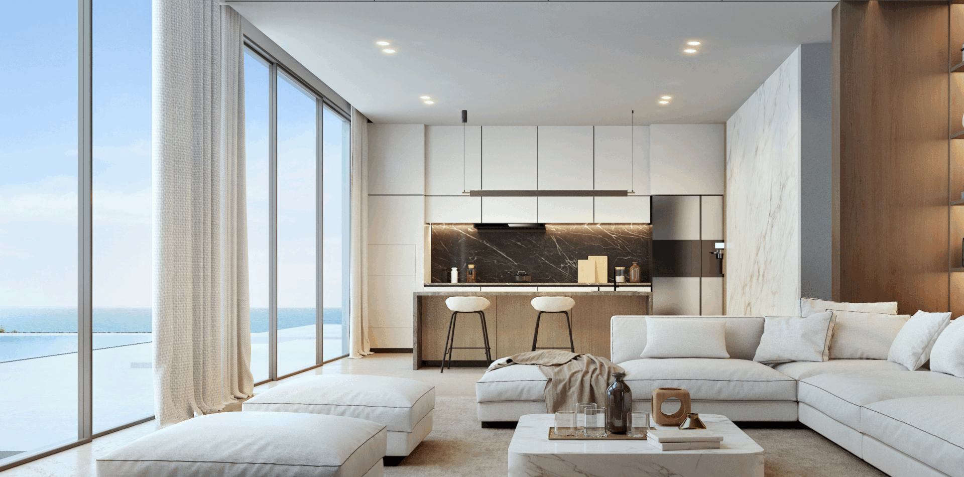Modern living room with ocean views and minimalist design.