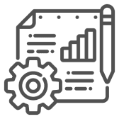 Icon of document, gear, and pen symbolizing planning and analysis.