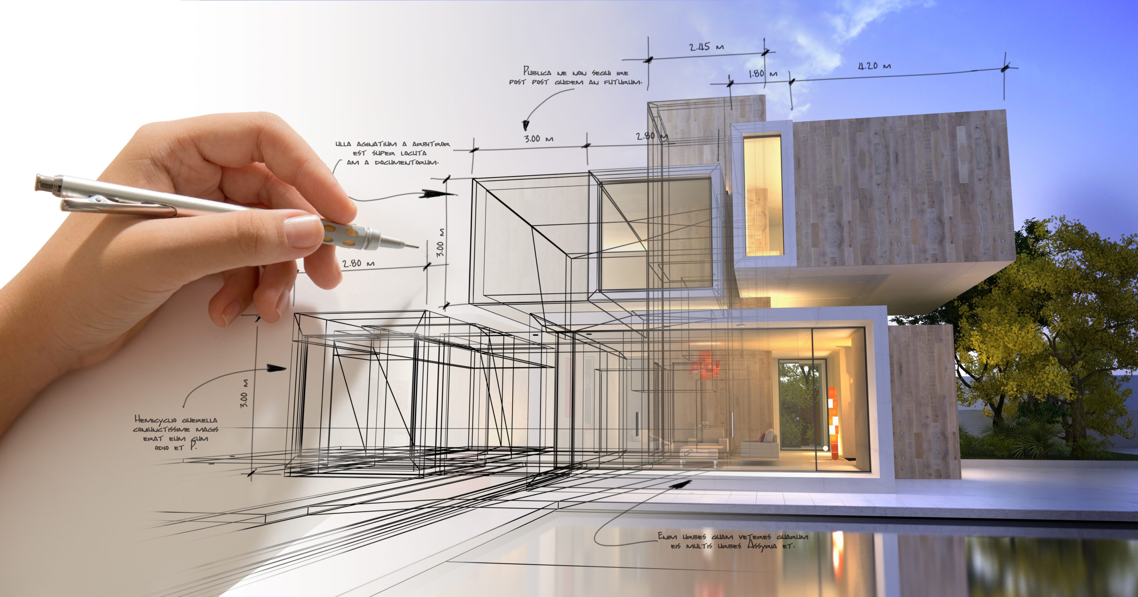 Hand holding a pen sketching architectural building designs.