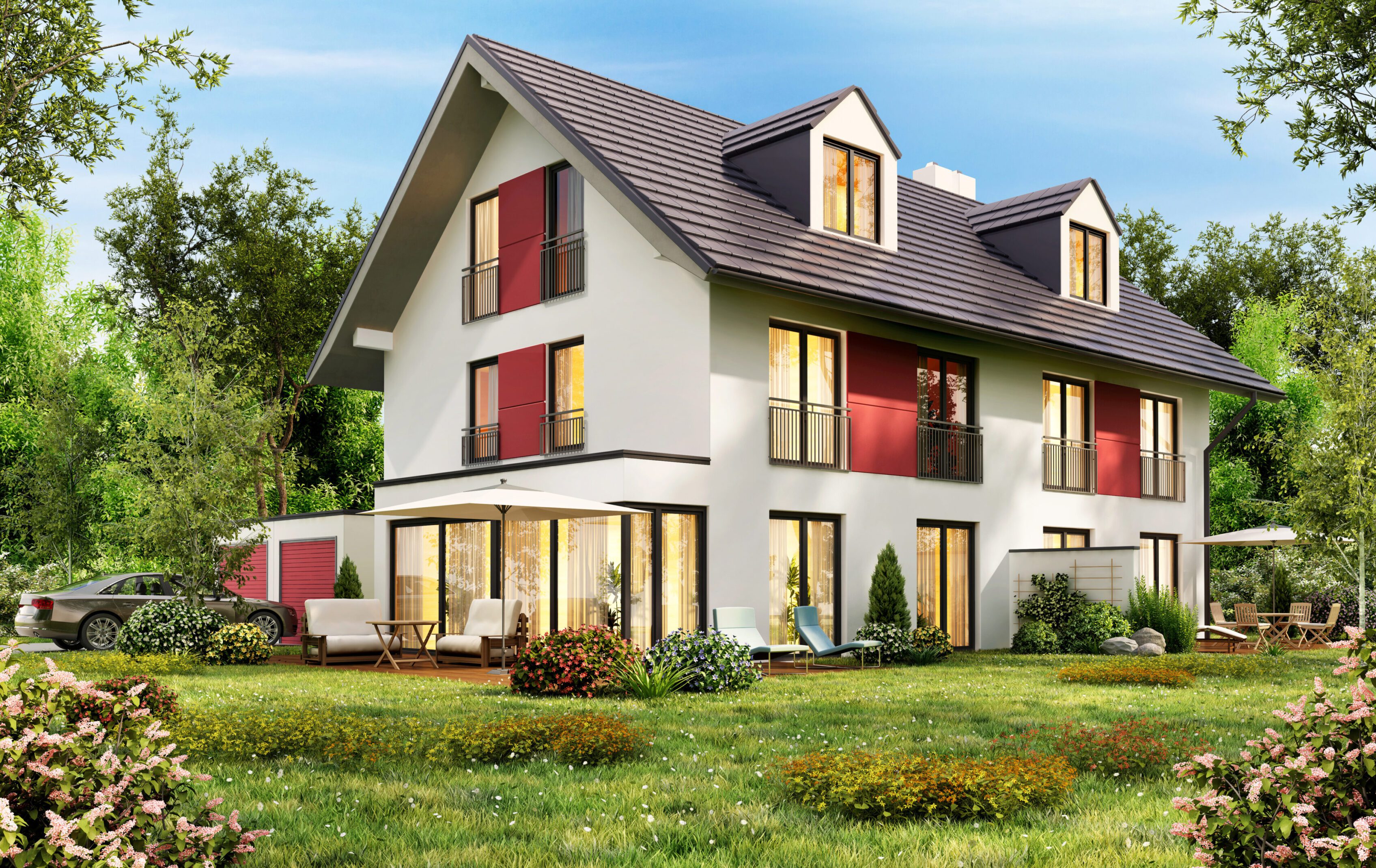 Modern two-story house with a well-kept lawn and large windows.