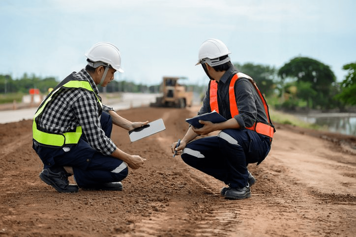 Two construction workers inspecting plans at a dirt site.