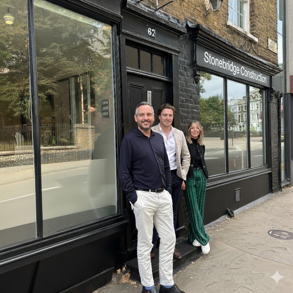 Three people posing outside a storefront on a city street.