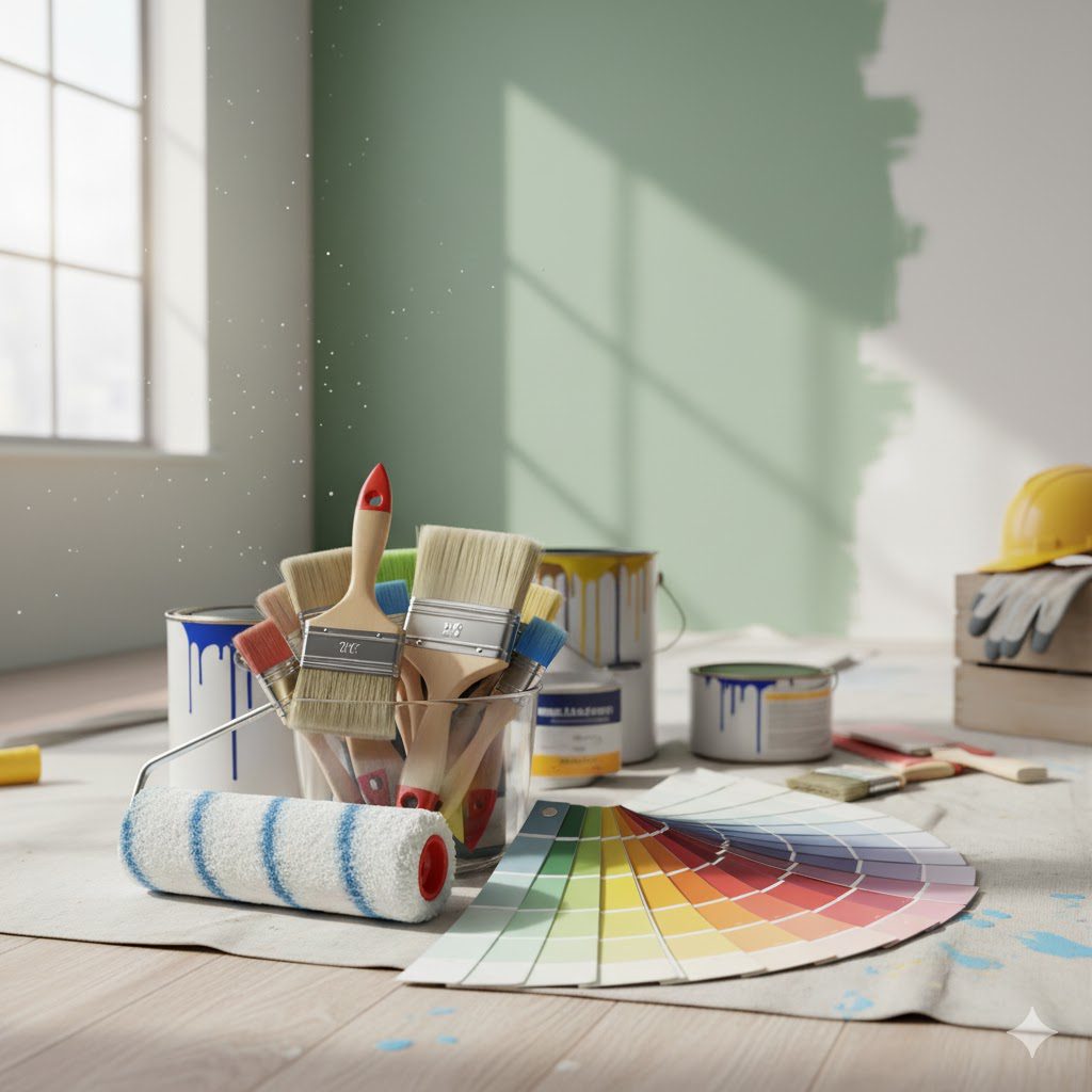 Painting supplies including a color palette and brush in a sunlit room.